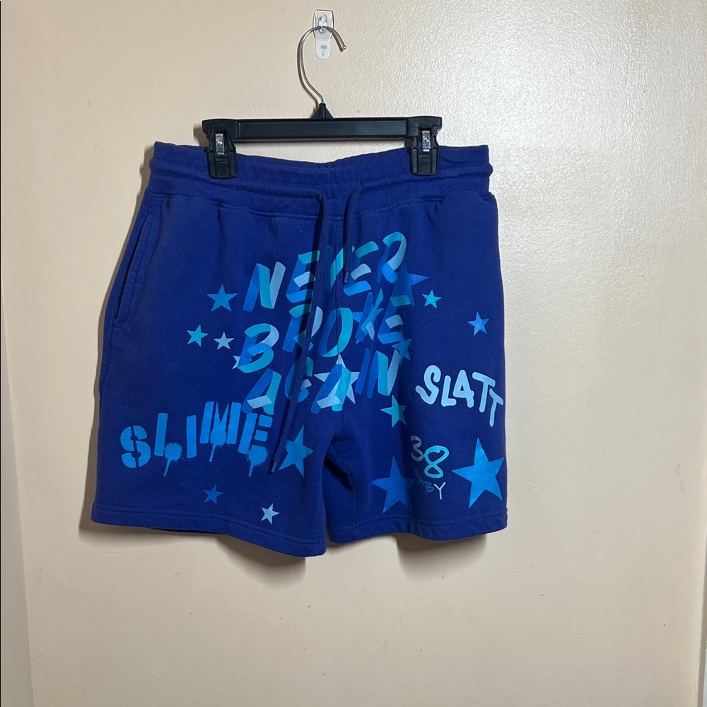 Blue Graphic Athletic Shorts with Drawstring Waist